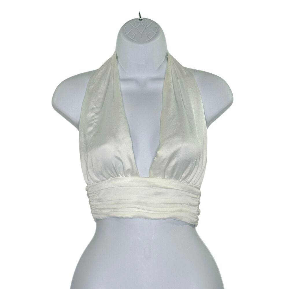 Zara Satin Effect Drape Halter Top XS NEW Plunge Neck Line Open Back White